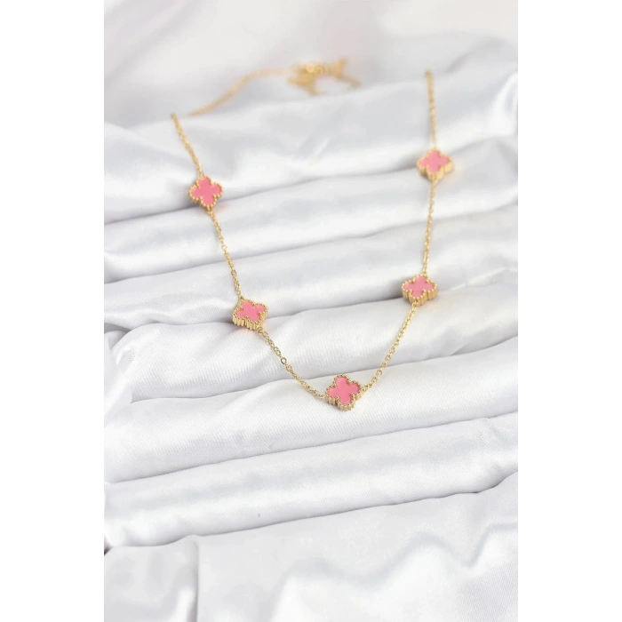 Mey İthalat® 316L Çelik Zincir Gold Renk Pembe Baby Boy Yonca Kadın Kolye