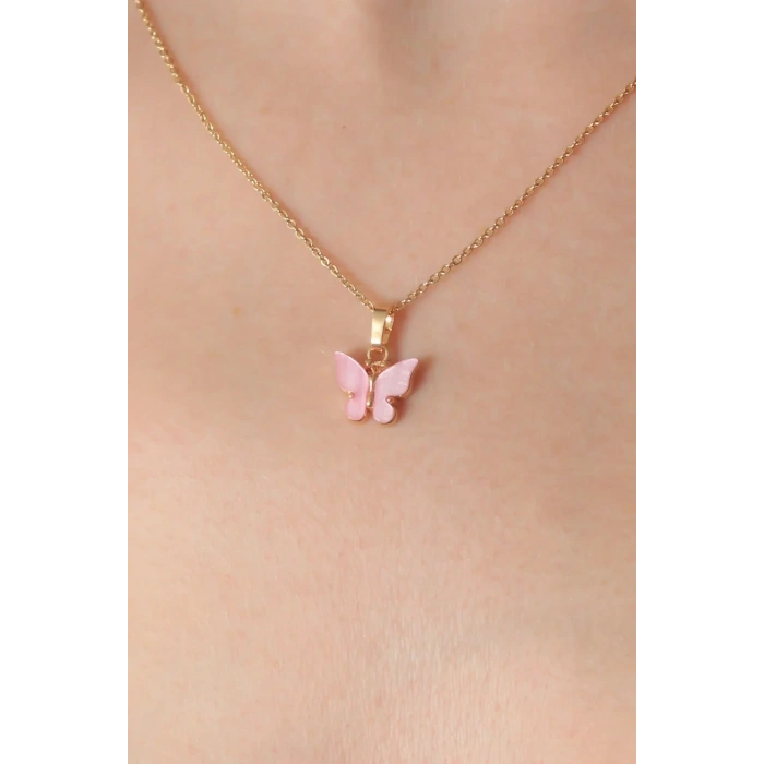 Mey İthalat® Gold Pembe Renk Kelebek Figür Kadın Kolye
