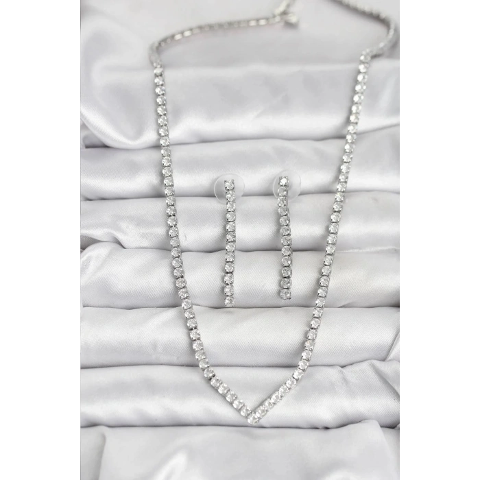 Mey İthalat® Gümüş Renk Zirkon Taşlı Kadın Kolye Küpe Seti