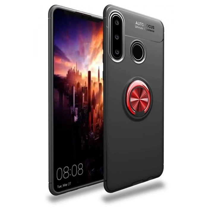 Mey İthalat®  Huawei Y6P Kılıf Range Yüzüklü Silikon - Siyah-Kırmızı
