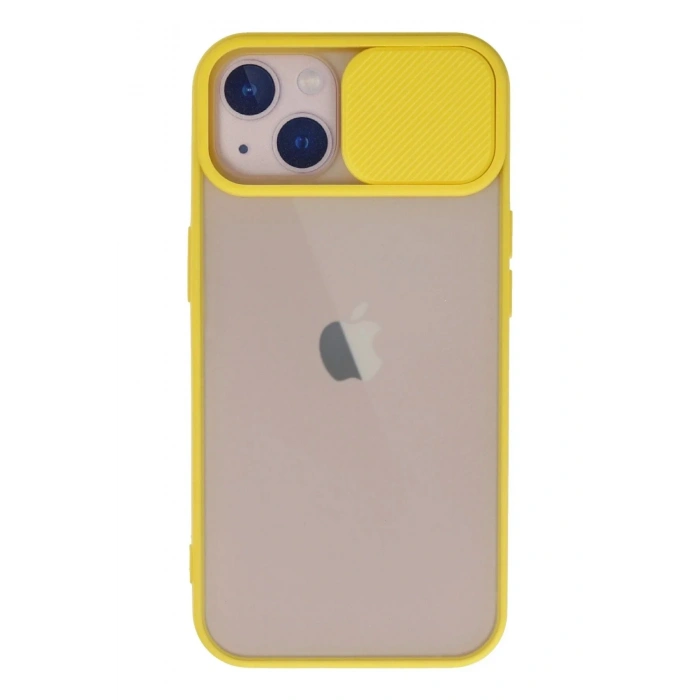 Mey İthalat®  iPhone 13 Kılıf Palm Buzlu Kamera Sürgülü Silikon - Sarı