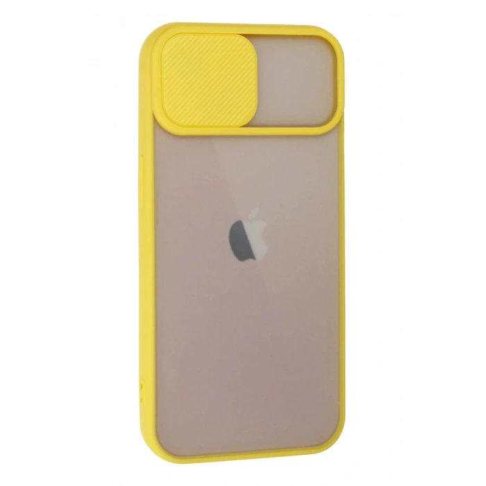 Mey İthalat®  iPhone 13 Kılıf Palm Buzlu Kamera Sürgülü Silikon - Sarı
