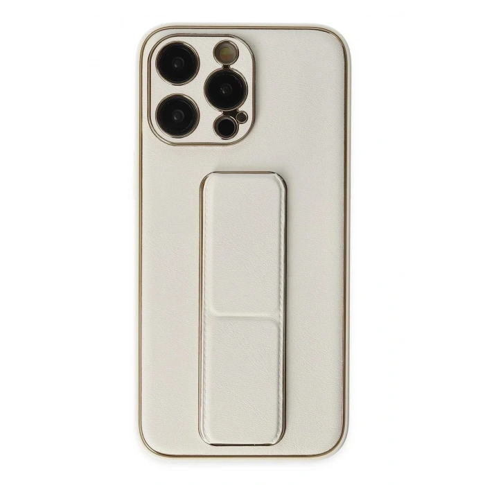 Mey İthalat®  iPhone 13 Pro Kılıf Coco Deri Standlı Kapak - Beyaz