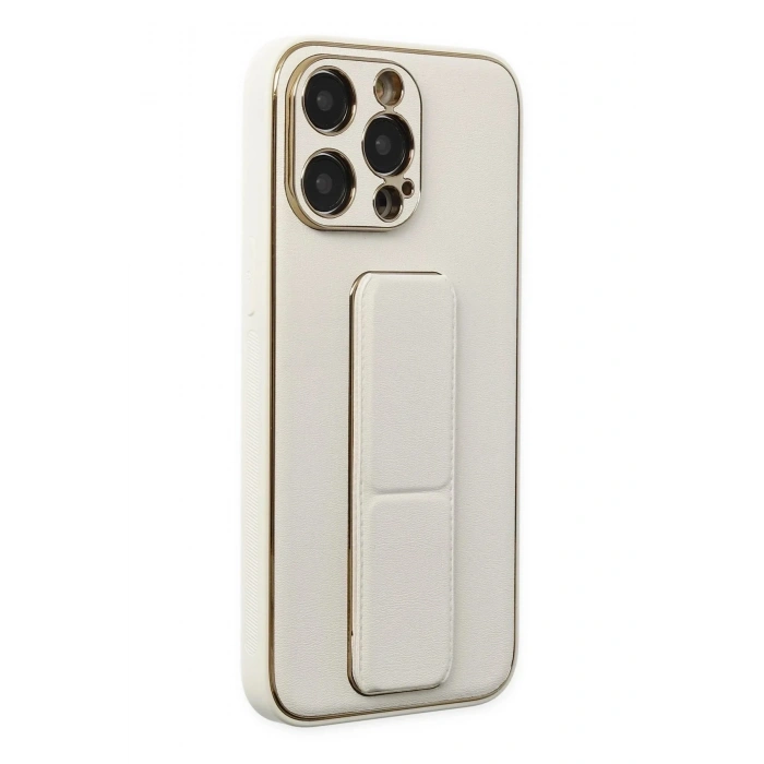 Mey İthalat®  iPhone 13 Pro Kılıf Coco Deri Standlı Kapak - Beyaz