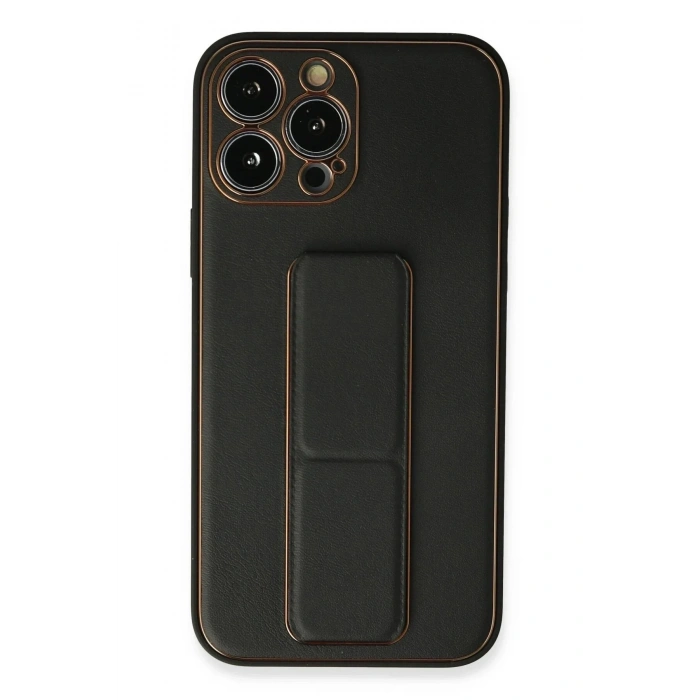 Mey İthalat®  iPhone 13 Pro Kılıf Coco Deri Standlı Kapak - Siyah