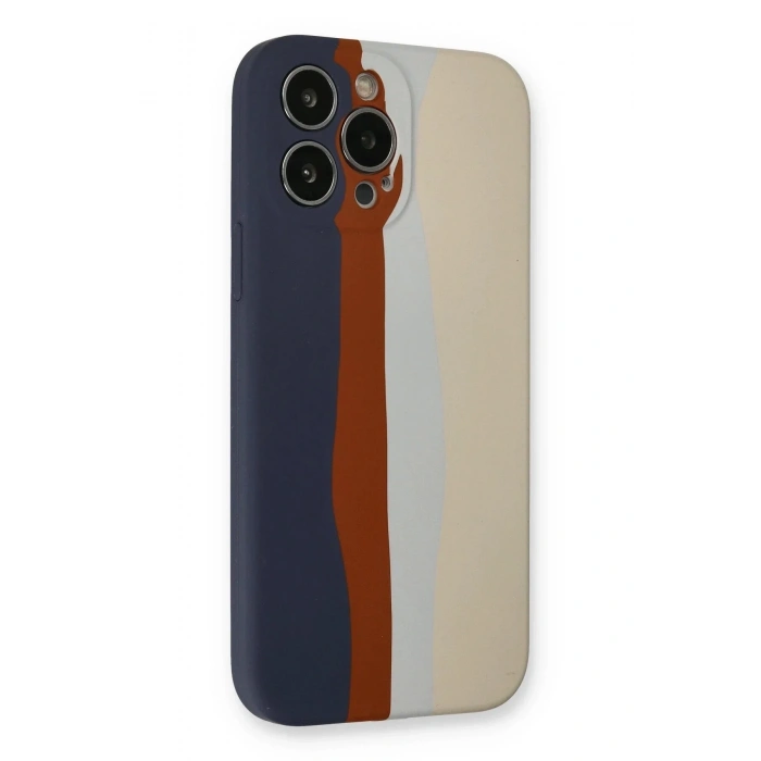 Mey İthalat®  iPhone 13 Pro Kılıf Ebruli Lansman Silikon - Lacivert-Krem