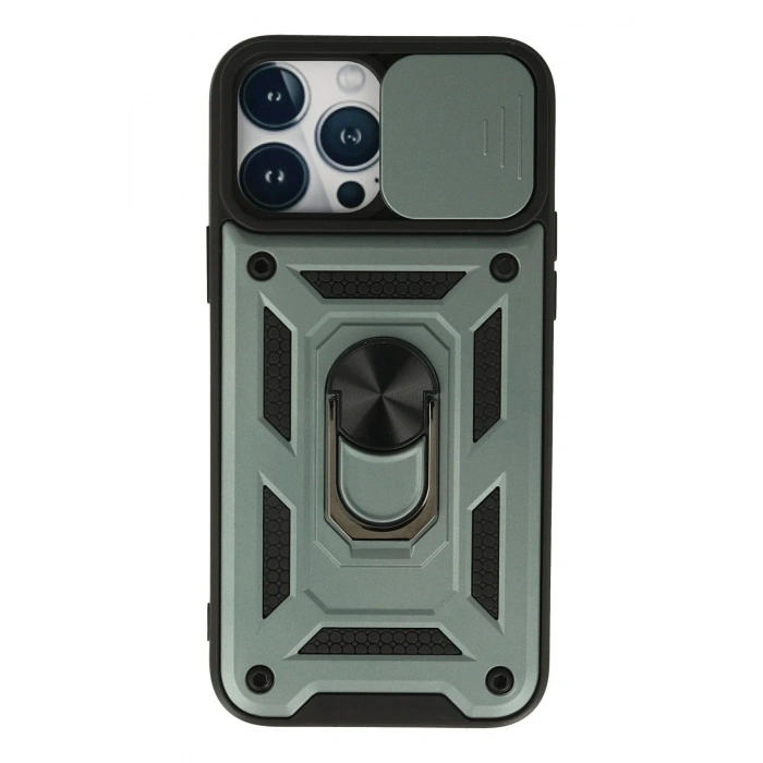 Mey İthalat®  iPhone 13 Pro Max Kılıf Pars Lens Yüzüklü Silikon - Yeşil