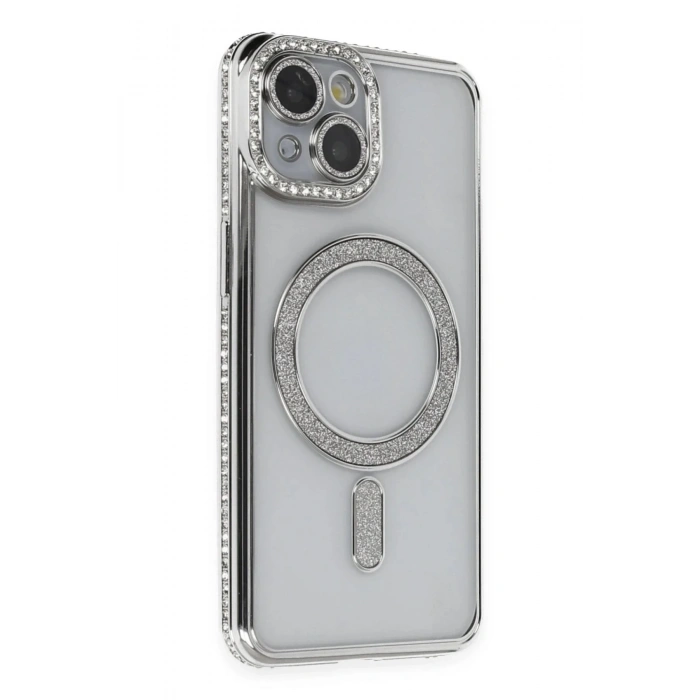 Mey İthalat®  iPhone 14 Kılıf Joke Simli Magneticsafe Kılıf - Gümüş