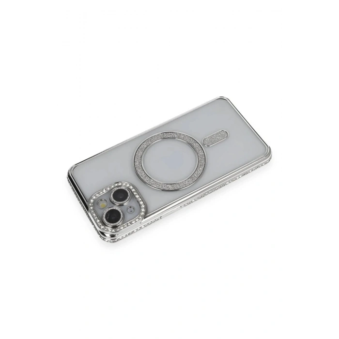 Mey İthalat®  iPhone 14 Kılıf Joke Simli Magneticsafe Kılıf - Gümüş