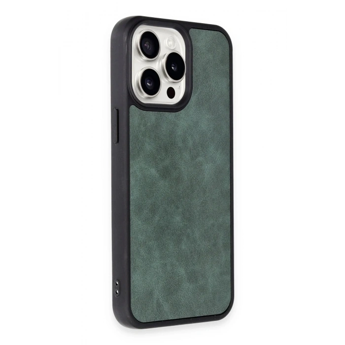 Mey İthalat®  iPhone 15 Pro Max Kılıf Aras Deri Kapak - Koyu Yeşil