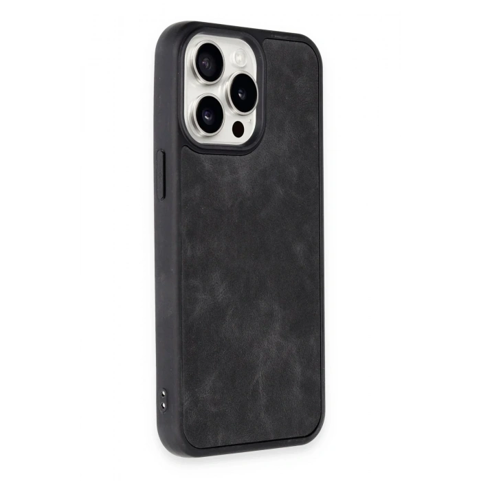 Mey İthalat®  iPhone 15 Pro Max Kılıf Aras Deri Kapak - Siyah