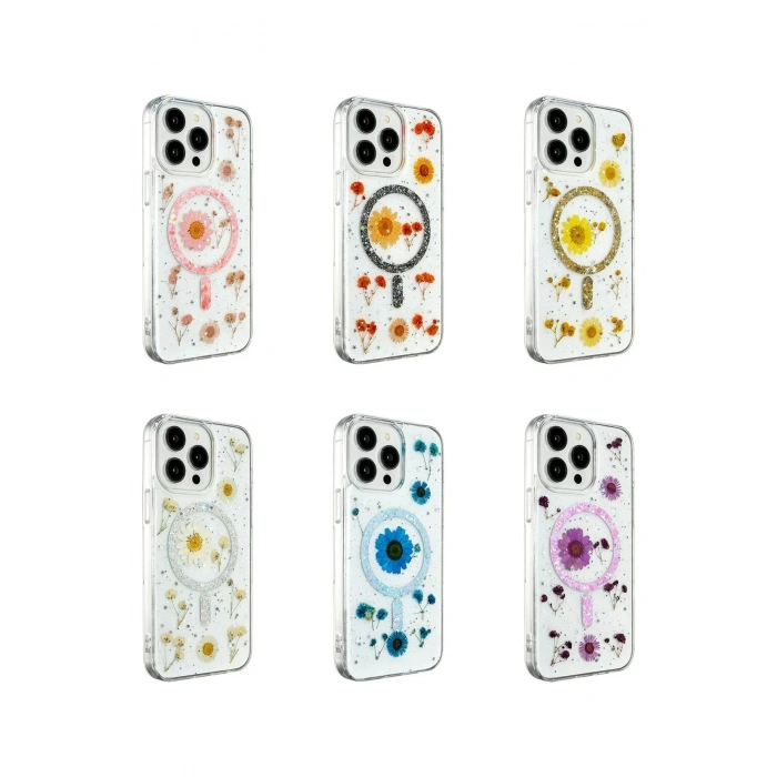 Mey İthalat®  iPhone 15 Pro Max Kılıf Daisy Simli Magsafe Kapak - Pembe