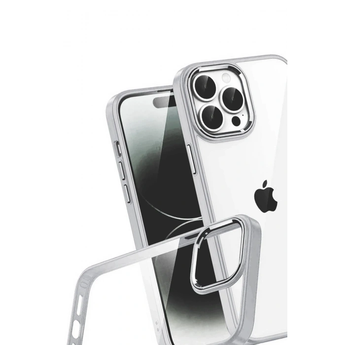 Mey İthalat®   iPhone 15 Pro Max  Lensli Silikon - Gümüş
