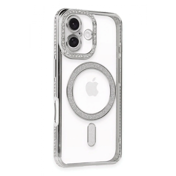 Mey İthalat®  iPhone 16 Kılıf Joke Simli Magneticsafe Kılıf - Gümüş
