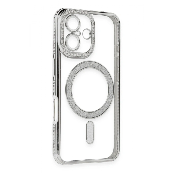Mey İthalat®  iPhone 16 Kılıf Joke Simli Magneticsafe Kılıf - Gümüş