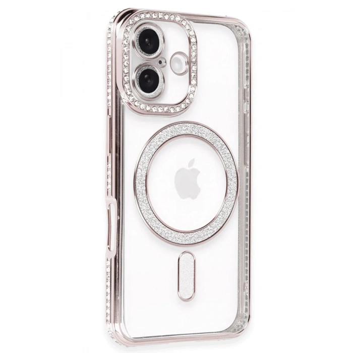 Mey İthalat®  iPhone 16 Kılıf Joke Simli Magneticsafe Kılıf - Pembe