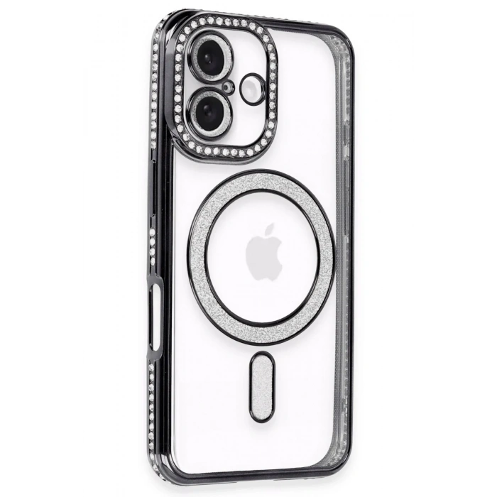 Mey İthalat®  iPhone 16 Kılıf Joke Simli Magneticsafe Kılıf - Siyah
