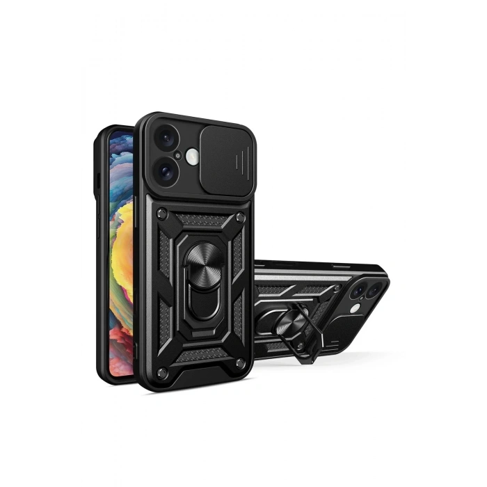 Mey İthalat®  iPhone 16 Kılıf Pars Lens Yüzüklü Silikon - Siyah