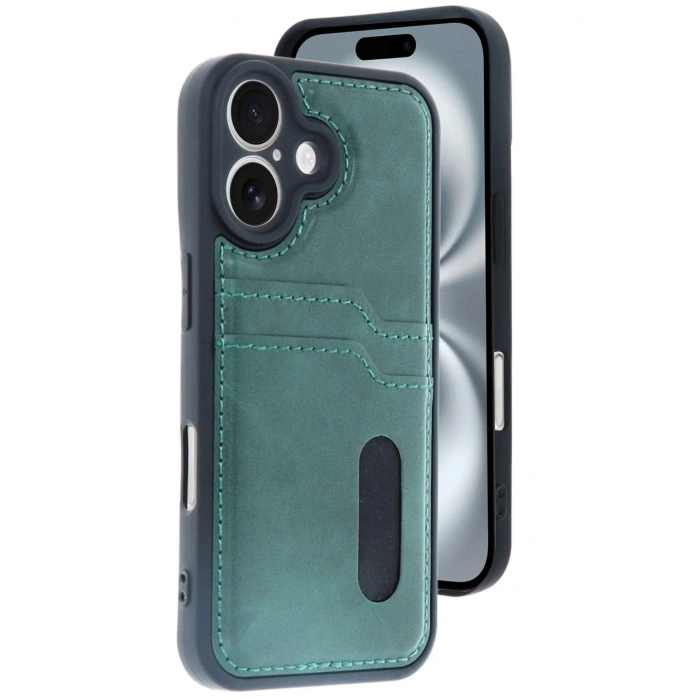 Mey İthalat®  iPhone 16 Kılıf Sara Kartvizitli Deri Kılıf - Koyu Yeşil