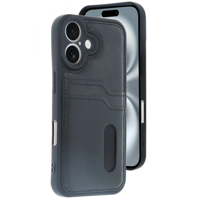 Mey İthalat®  iPhone 16 Kılıf Sara Kartvizitli Deri Kılıf - Siyah