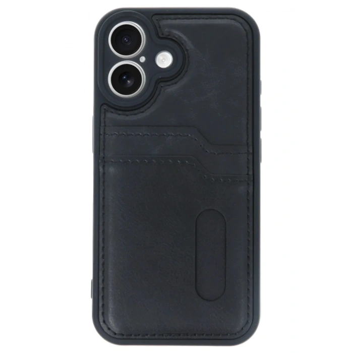 Mey İthalat®  iPhone 16 Kılıf Sara Kartvizitli Deri Kılıf - Siyah
