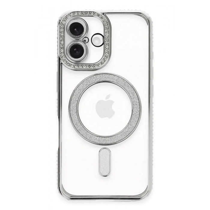 Mey İthalat®  iPhone 16 Plus Kılıf Joke Simli Magneticsafe Kılıf - Gümüş