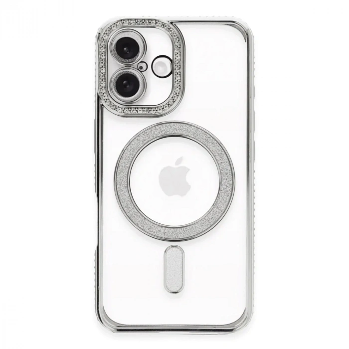 Mey İthalat®  iPhone 16 Plus Kılıf Joke Simli Magneticsafe Kılıf - Gümüş
