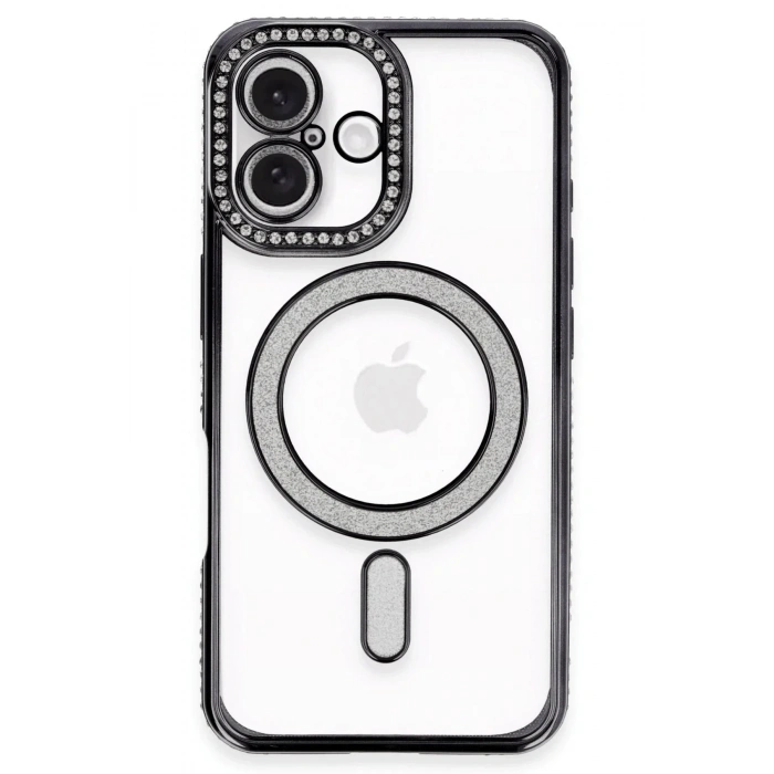 Mey İthalat®  iPhone 16 Plus Kılıf Joke Simli Magneticsafe Kılıf - Siyah