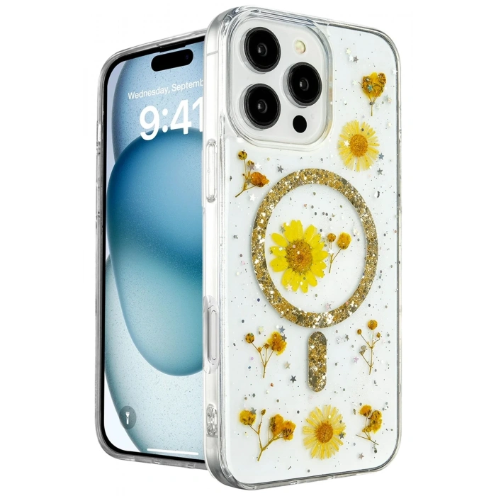 Mey İthalat®  iPhone 16 Pro Kılıf Daisy Simli Magsafe Kapak - Gold
