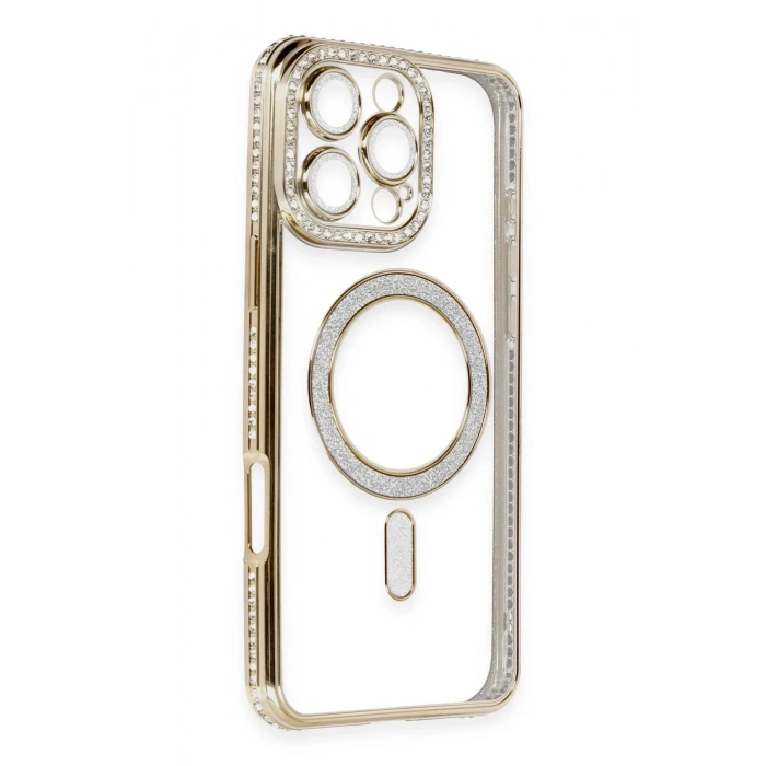 Mey İthalat®  iPhone 16 Pro Kılıf Joke Simli Magneticsafe Kılıf - Gold