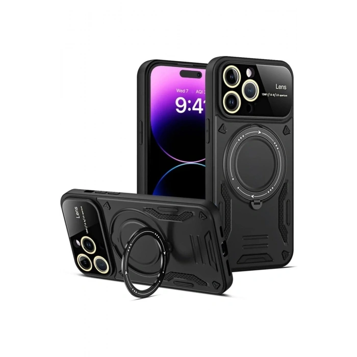 Mey İthalat®  iPhone 16 Pro Kılıf Joy Lens Standlı Kapak - Siyah