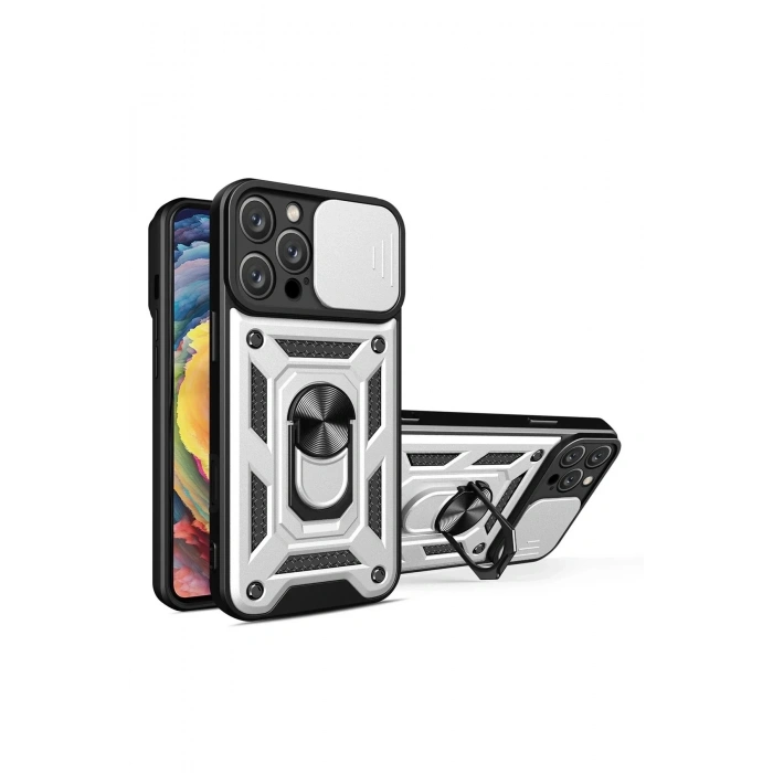 Mey İthalat®  iPhone 16 Pro Kılıf Pars Lens Yüzüklü Silikon - Gümüş