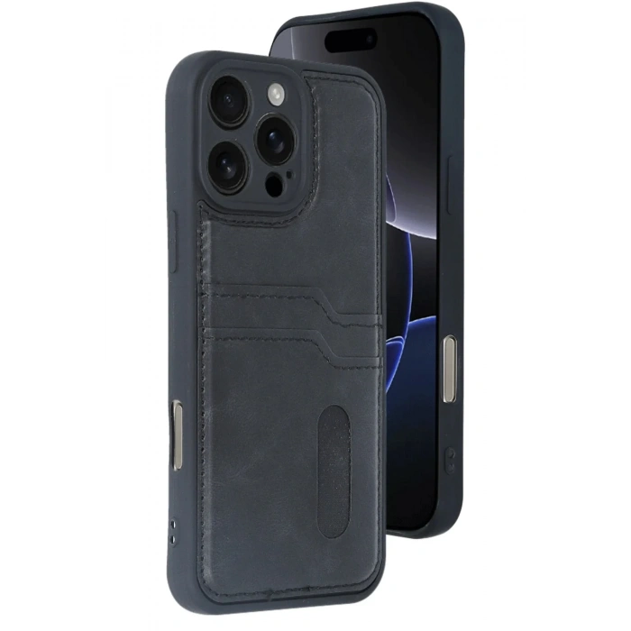 Mey İthalat®  iPhone 16 Pro Kılıf Sara Kartvizitli Deri Kılıf - Siyah