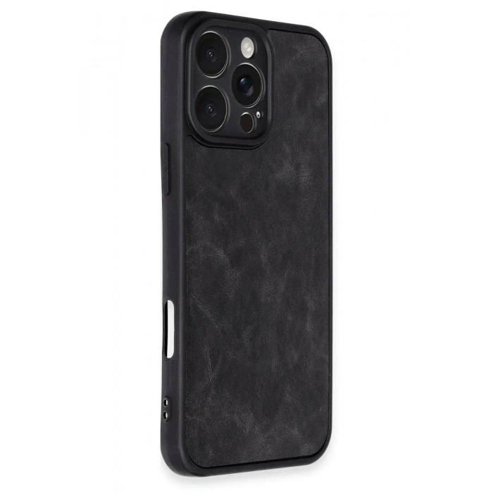 Mey İthalat®  iPhone 16 Pro Max Kılıf Aras Deri Kapak - Siyah