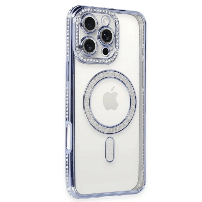 Mey İthalat®  iPhone 16 Pro Max Kılıf Joke Simli Magneticsafe Kılıf - Mavi
