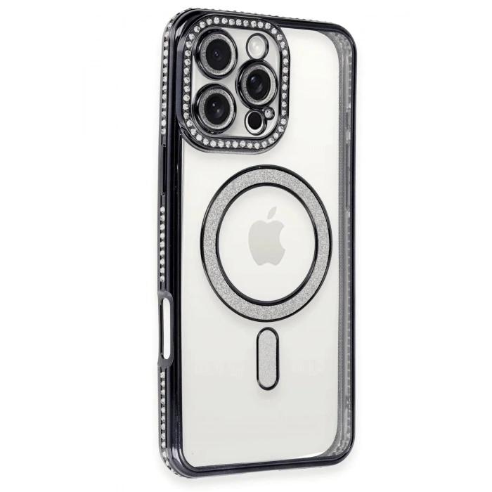 Mey İthalat®  iPhone 16 Pro Max Kılıf Joke Simli Magneticsafe Kılıf - Siyah