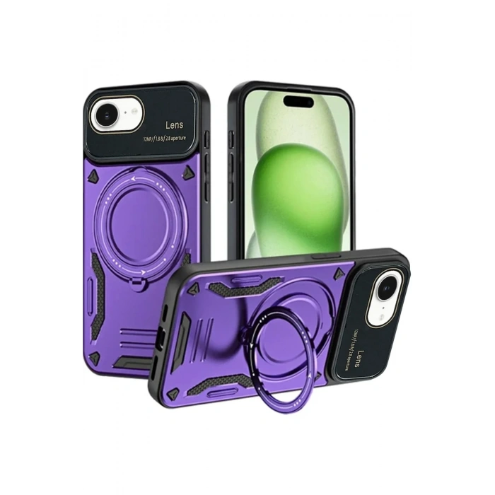 Mey İthalat®  iPhone 16E Kılıf Joy Lens Standlı Kapak - Mor