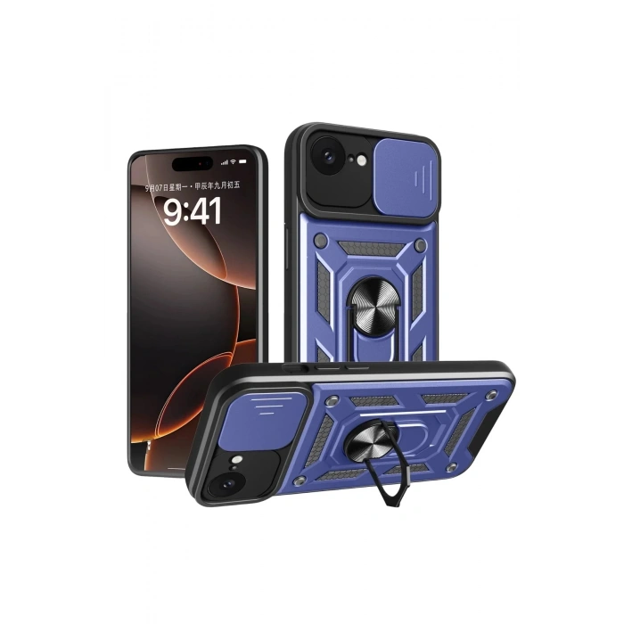 Mey İthalat®  iPhone 16E Kılıf Pars Lens Yüzüklü Silikon - Lacivert