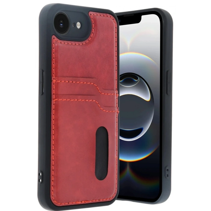 Mey İthalat®  iPhone 16E Kılıf Sara Kartvizitli Deri Kılıf - Kırmızı