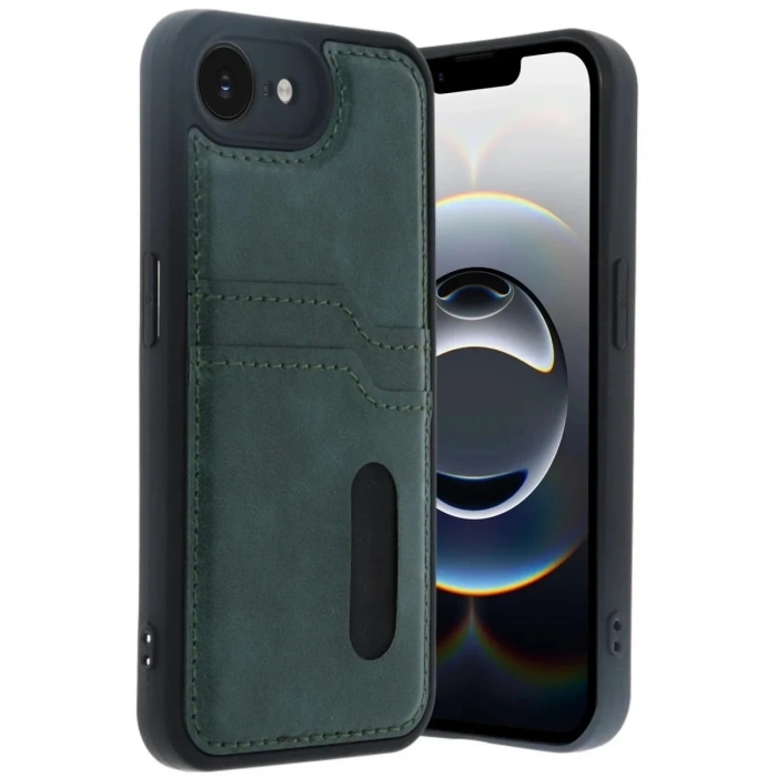 Mey İthalat®  iPhone 16E Kılıf Sara Kartvizitli Deri Kılıf - Koyu Yeşil