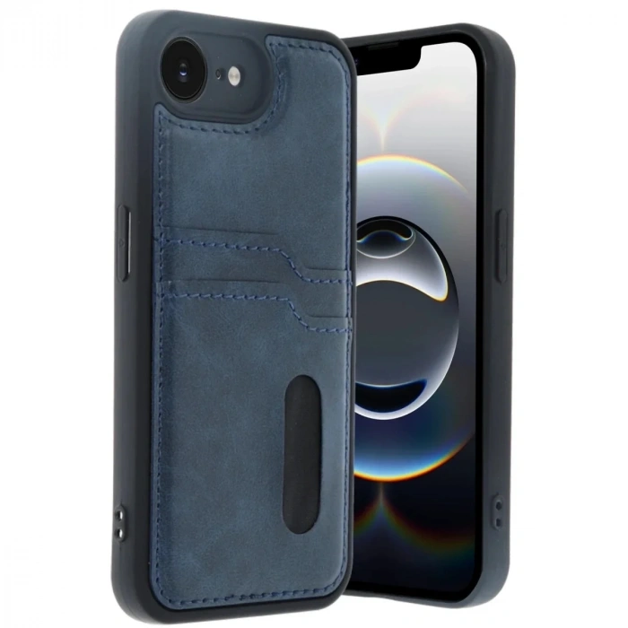 Mey İthalat®  iPhone 16E Kılıf Sara Kartvizitli Deri Kılıf - Lacivert