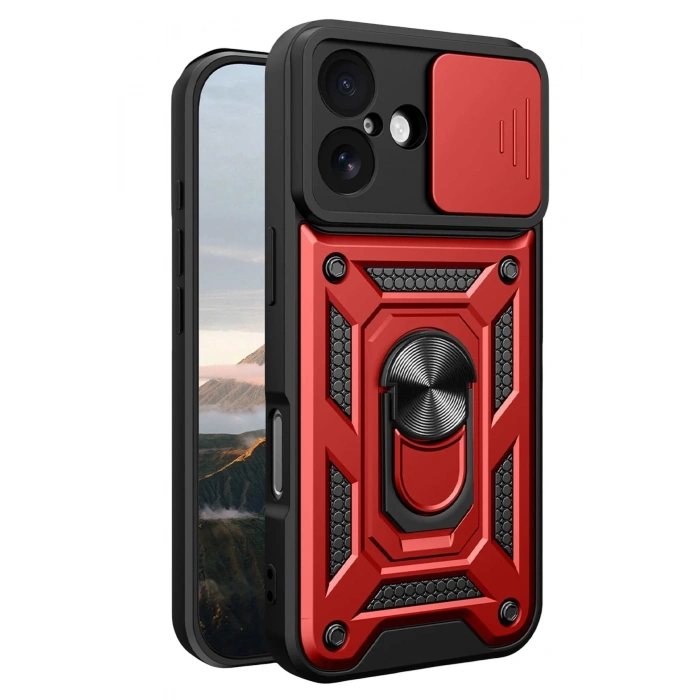 Mey İthalat®   iPhone 17 Pars Lens Yüzüklü Silikon - Kırmızı