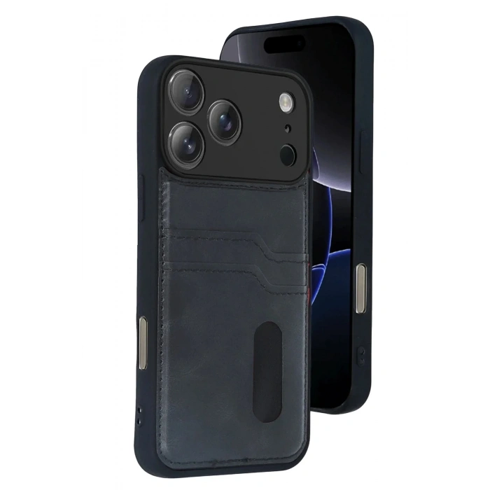 Mey İthalat®   iPhone 17 Pro Sara Kartvizitli Deri Kılıf - Siyah