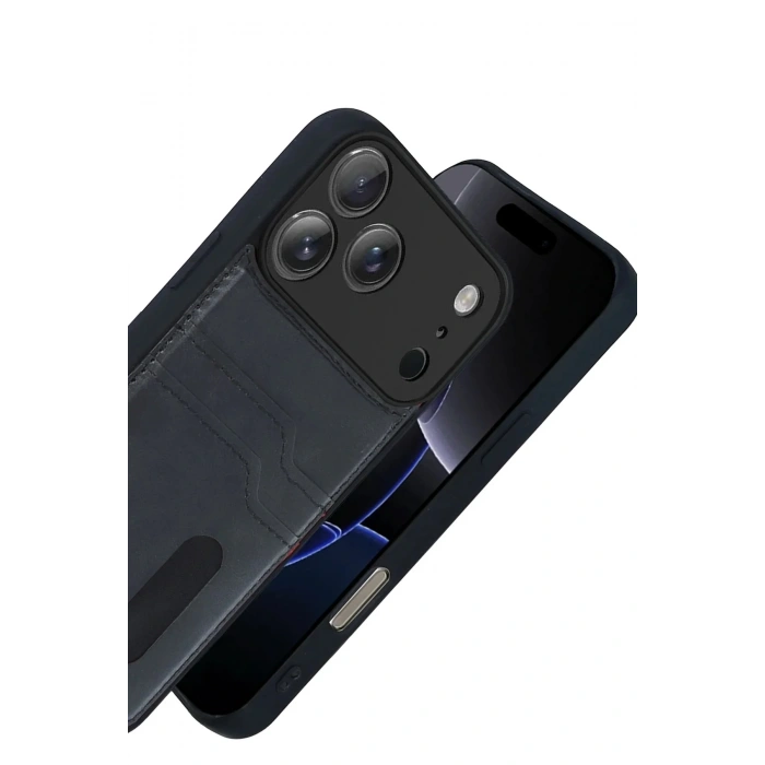 Mey İthalat®   iPhone 17 Pro Sara Kartvizitli Deri Kılıf - Siyah