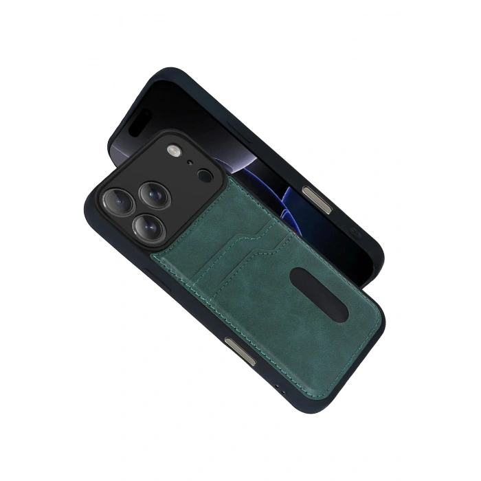 Mey İthalat®   iPhone 17 Pro Sara Kartvizitli Deri Kılıf - Yeşil