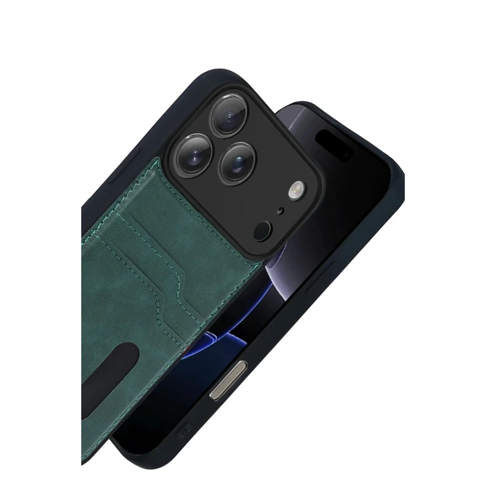 Mey İthalat®   iPhone 17 Pro Sara Kartvizitli Deri Kılıf - Yeşil