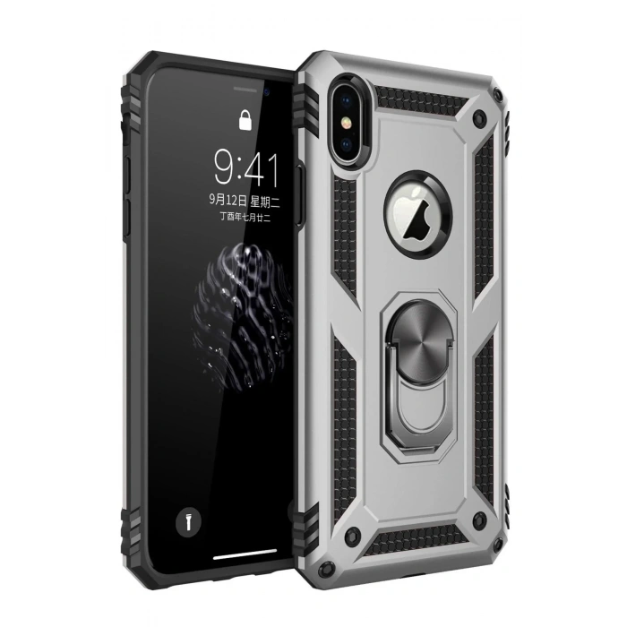 Mey İthalat®  iPhone X Kılıf Sofya Yüzüklü Silikon Kapak - Gümüş