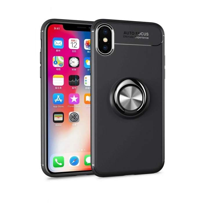 Mey İthalat®  iPhone XS Max Kılıf Range Yüzüklü Silikon - Siyah