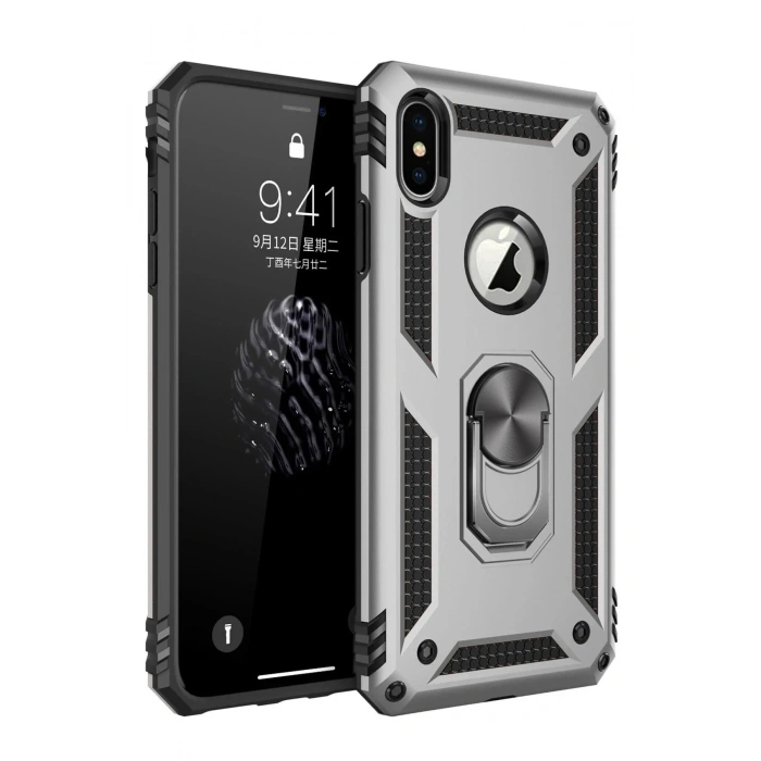 Mey İthalat®  iPhone XS Max Kılıf Sofya Yüzüklü Silikon Kapak - Gümüş