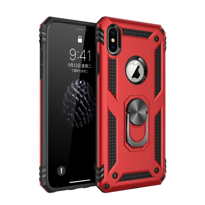 Mey İthalat®  iPhone XS Max Kılıf Sofya Yüzüklü Silikon Kapak - Kırmızı